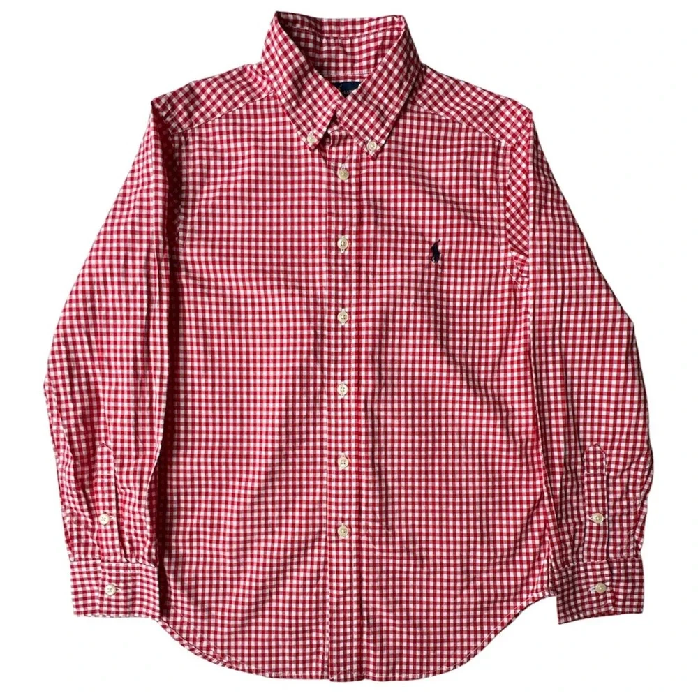 Ralph Lauren Shirt Boy M 10/12 Gingham Plaid Check Red White Blue Pony Button LS